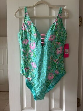Lilly Pulitzer Teal and Pink Floral One-Piece Swimsuit with Ladder Front